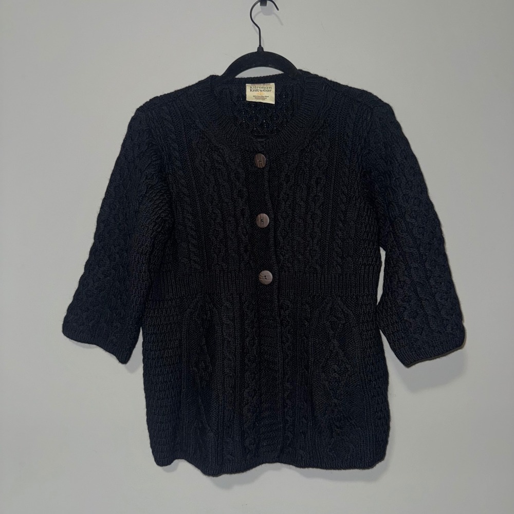 Kilronan Knitwear Black Merino Wool Aran Cable Knit Cardigan‎ Ireland 3/4 Sleeve
